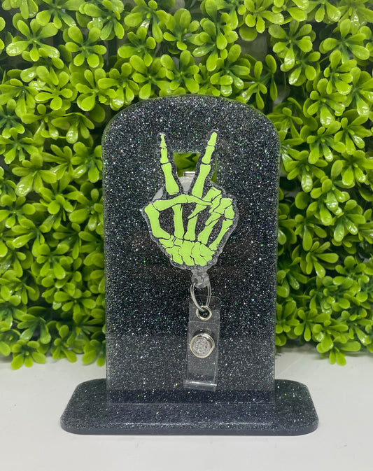 Skeleton peace sign badge reel